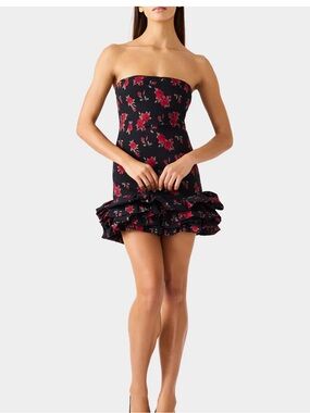 Betsey Johnson Strapless Black Mini Dress with Red Floral Print